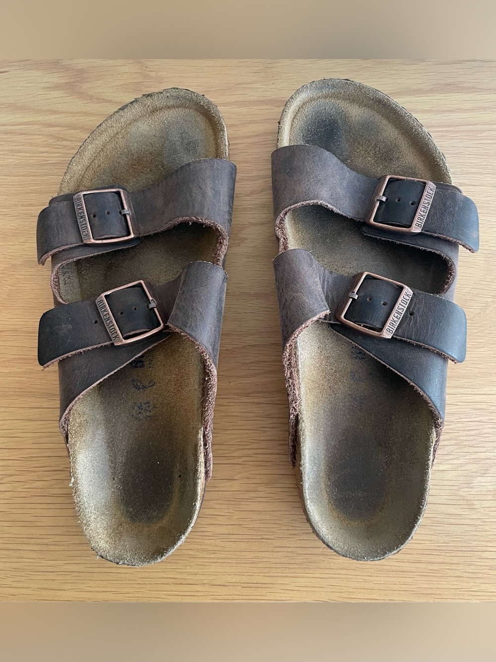Arizona Birkenstock Brown Two-Strap Leather Slide Sandals